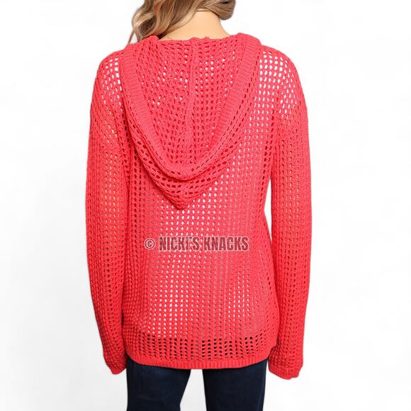 Mododoc Pointelle Open Stitch Hooded Lace-Up Sweater Neon Coral Size M - Picture 7 of 10